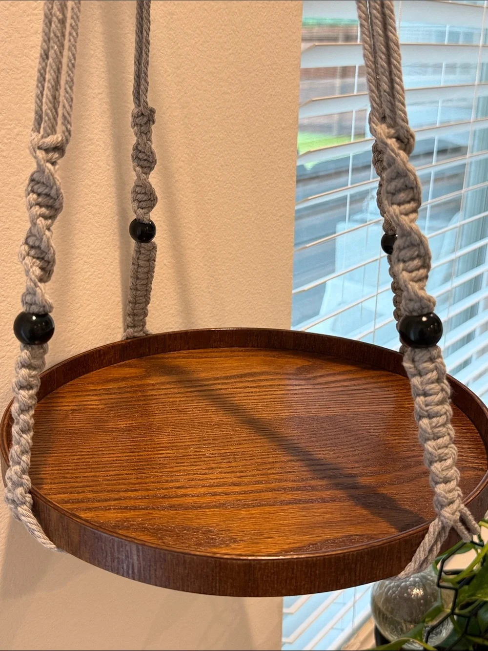Macrame Plant Hanger with 12” Wood Shelf Indoor Light Gray New Home Decor - Picture 10 of 12